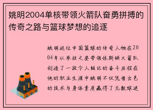 姚明2004单核带领火箭队奋勇拼搏的传奇之路与篮球梦想的追逐
